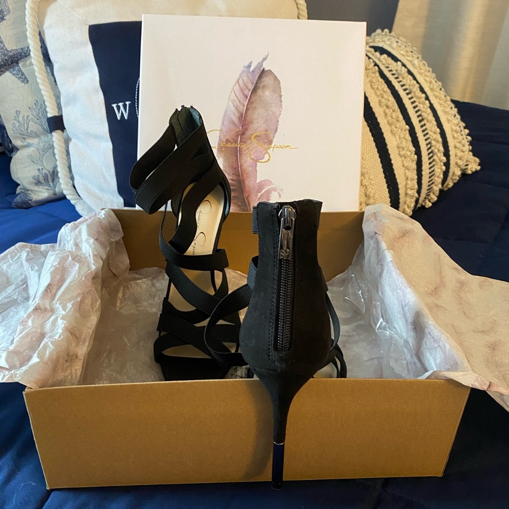 Jessica Simpson Black Crisscross Bandage Zipper Heels